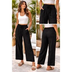 Old Navy Women's Linen Blend Wide Leg Pants Black  L Pull-On Drawstring